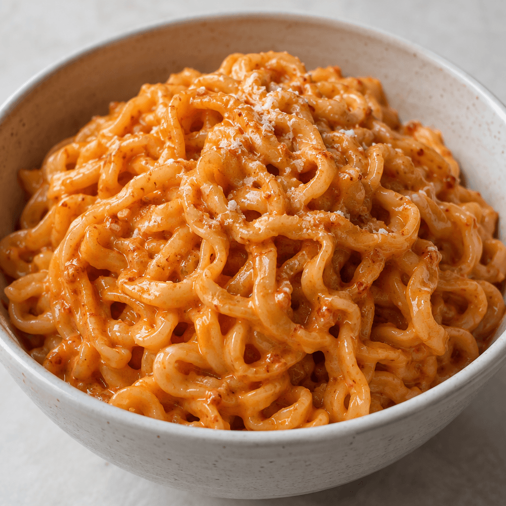 A mound of thick, wavy noodles sits in a bowl, coated in a glossy creamy orange-red sauce with a few pale flecks clinging to the strands.