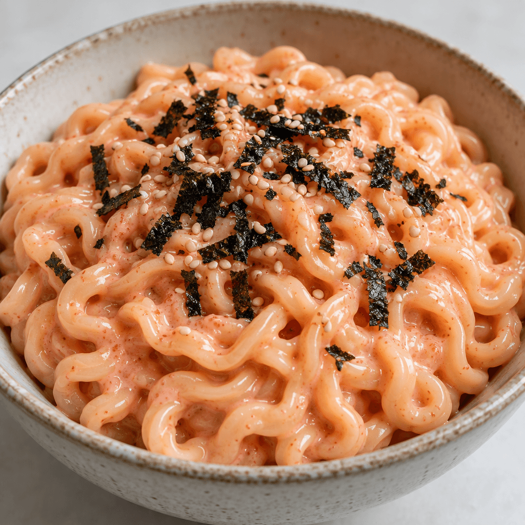 Thick, wavy noodles coated in glossy pale coral-pink sauce fill a bowl, with a few dark seaweed flakes and tiny sesame seeds scattered over the top.