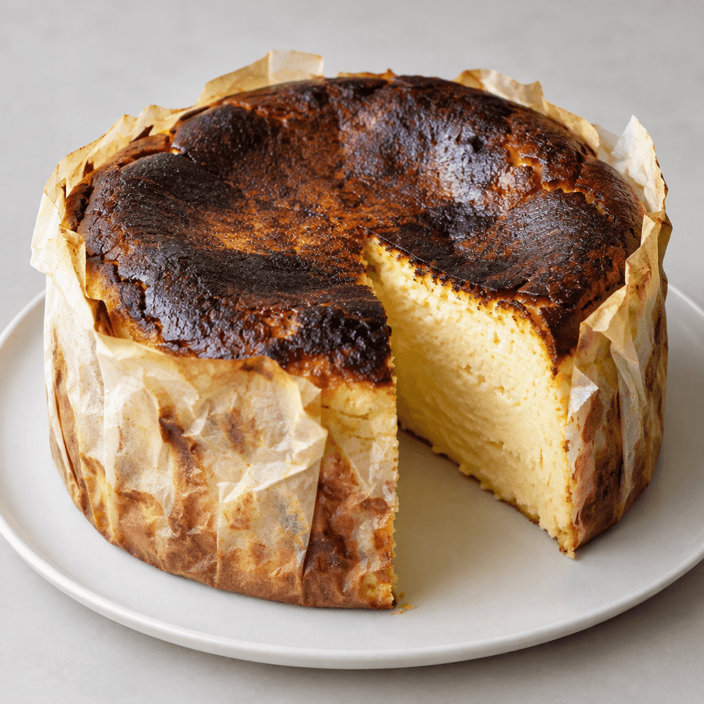 A round, tall baked cake with a deeply browned, almost charcoal-dark, blistered top, a pale golden-yellow creamy interior visible where a wedge has been cut, and crinkled parchment rising around its sides on a plain plate.