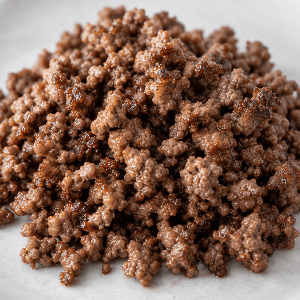 A loose mound of small, browned ground-beef crumbles with a slight glossy sheen and a few golden patches.