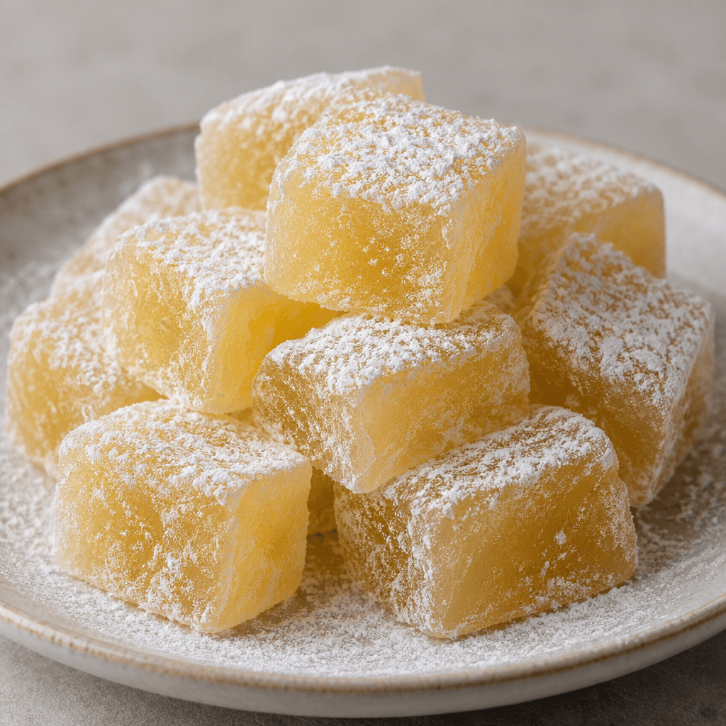 Pale golden, soft, slightly translucent cubes of Turkish delight with a smooth, buttery-looking surface, lightly dusted with powdered sugar and arranged on a plate.