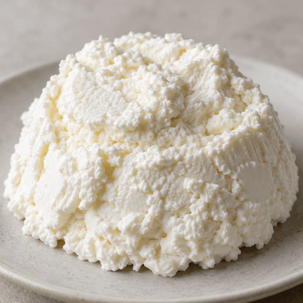A mound of moist, bright-white soft cheese with fine, slightly grainy curds and a creamy, uneven surface.