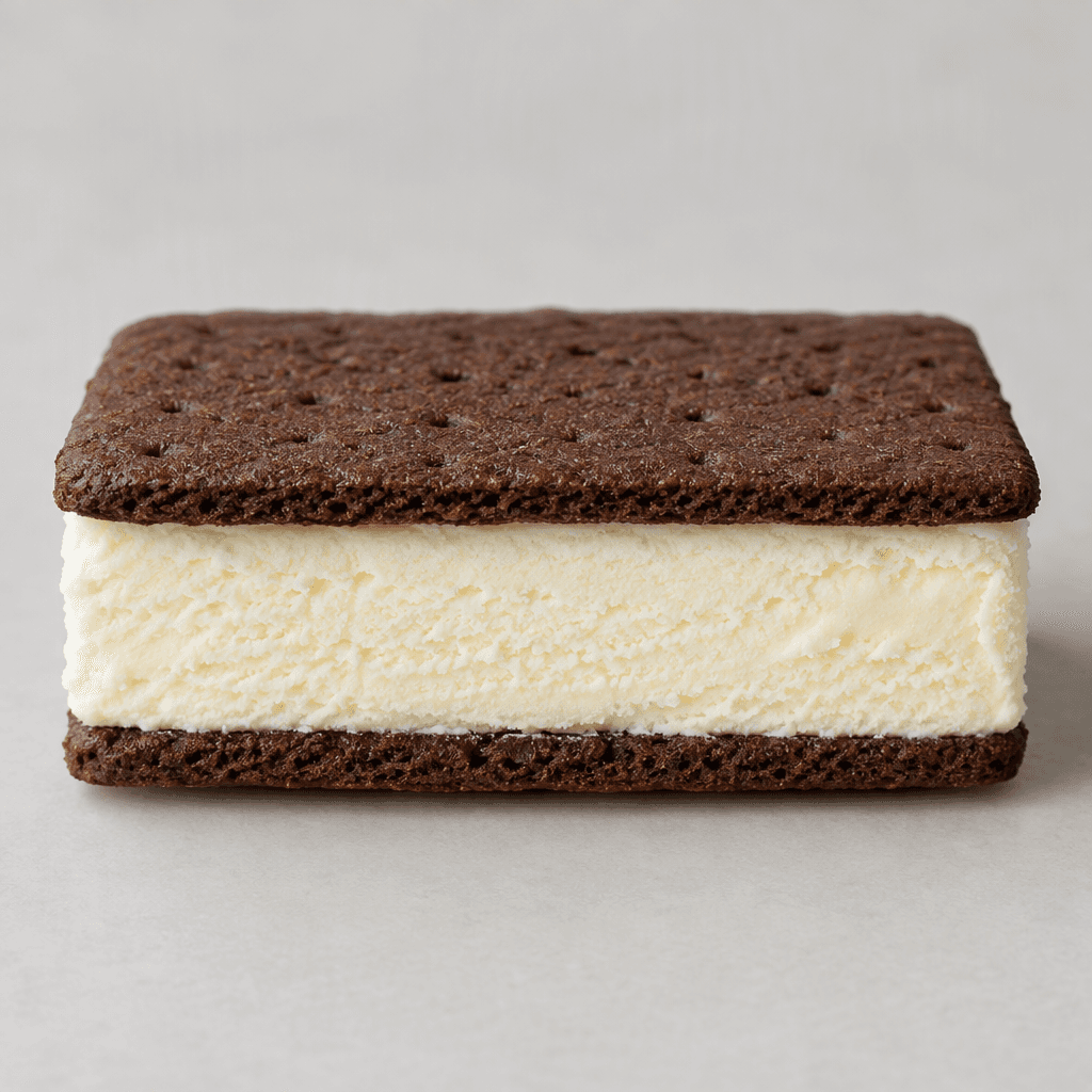 A rectangular block of pale vanilla ice cream is held between two thin, dark brown, slightly porous chocolate wafer biscuits, with the straight edges and creamy white filling clearly visible in cross-section.