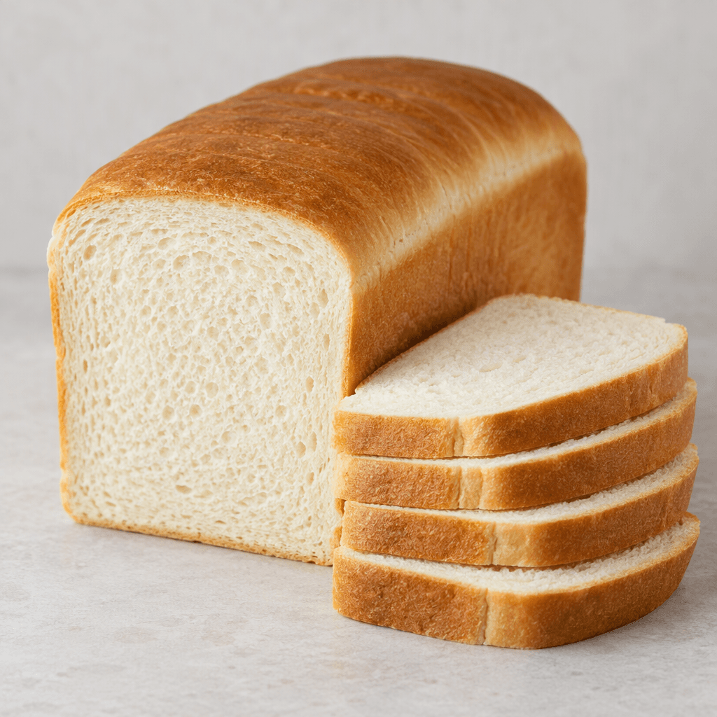 A rectangular loaf of sandwich bread with a smooth golden-brown crust, a soft pale cream interior, and evenly squared slices arranged beside it.