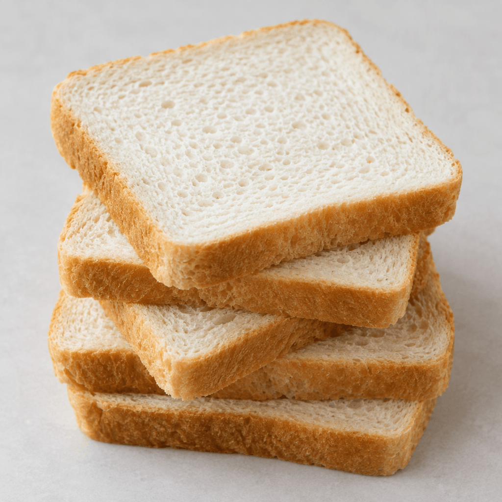 Several thick, rectangular slices of soft white sandwich bread are stacked slightly askew, showing a pale cream crumb with small, even air holes and thin golden-brown crusts along the edges.
