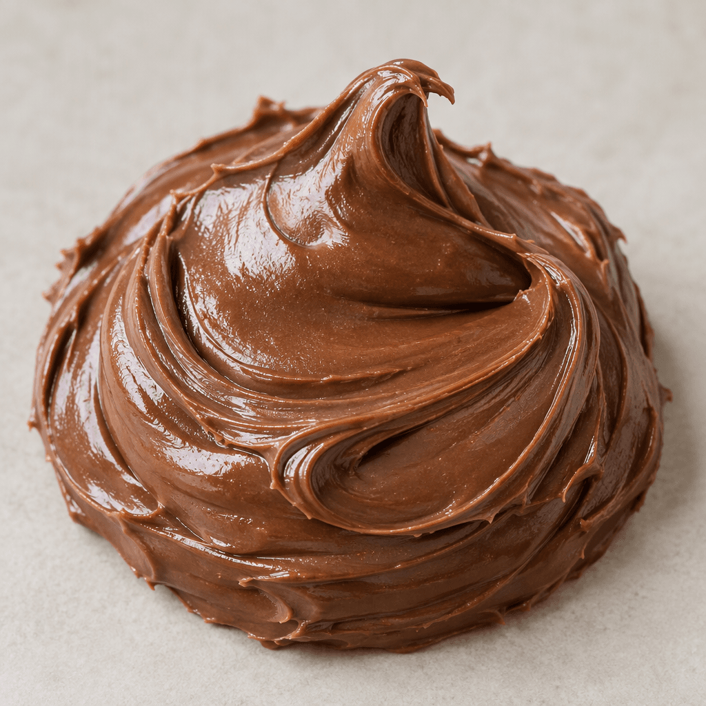 A thick, smooth, glossy brown chocolate-and-hazelnut spread sits in a soft mound with curved swirls and rounded ridges.