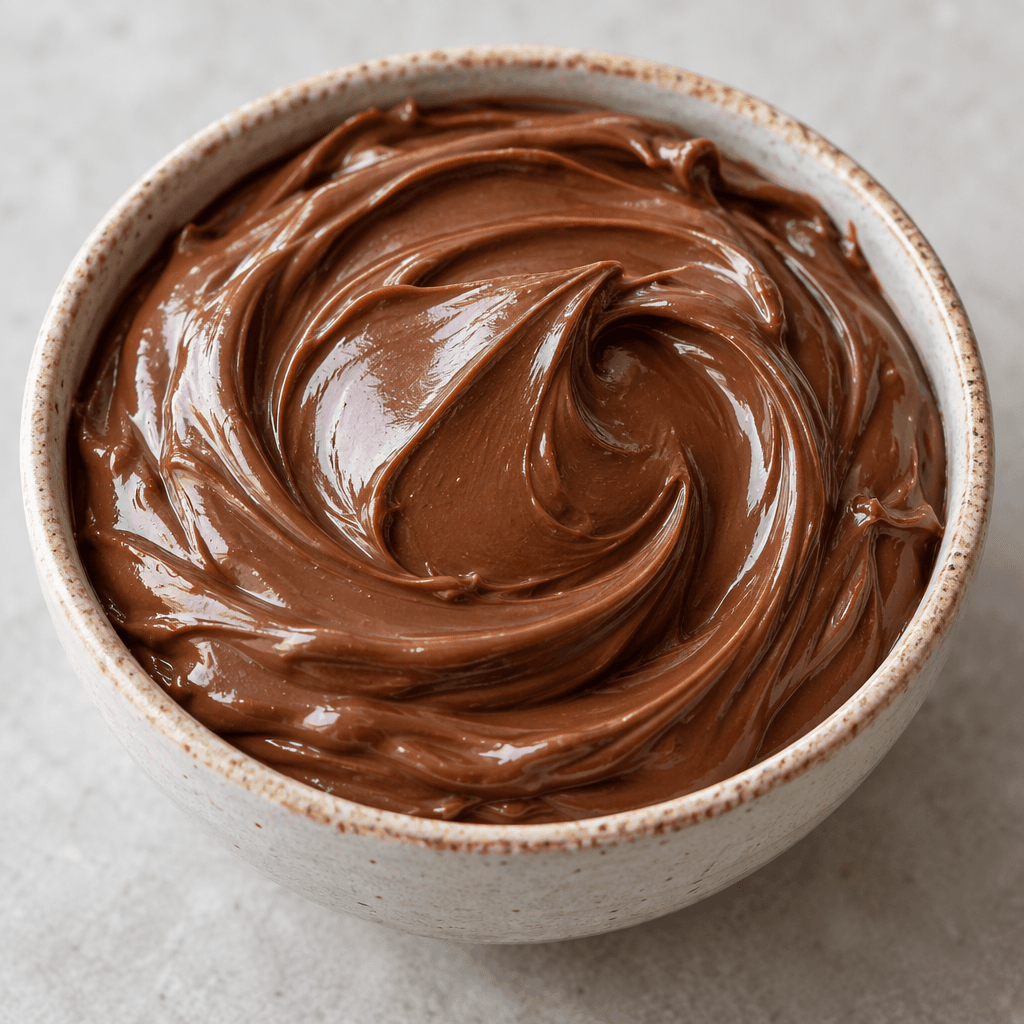 A thick, smooth, glossy chocolate-brown spread sits in a small bowl, with soft swirls and curved ridges across its surface.