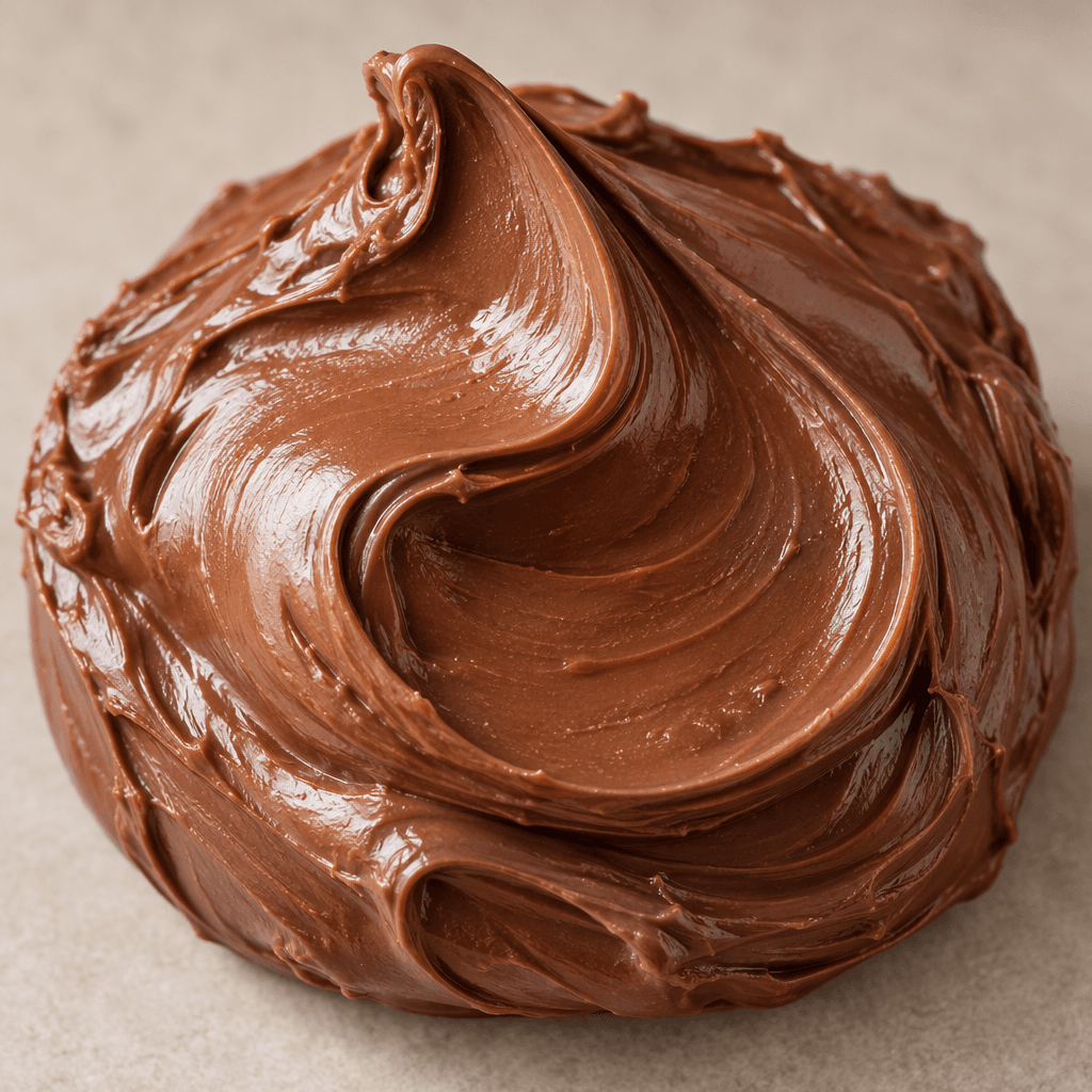 A thick, smooth, glossy brown cocoa-and-hazelnut spread sits in a soft mound with a broad, creamy swirl across its surface.