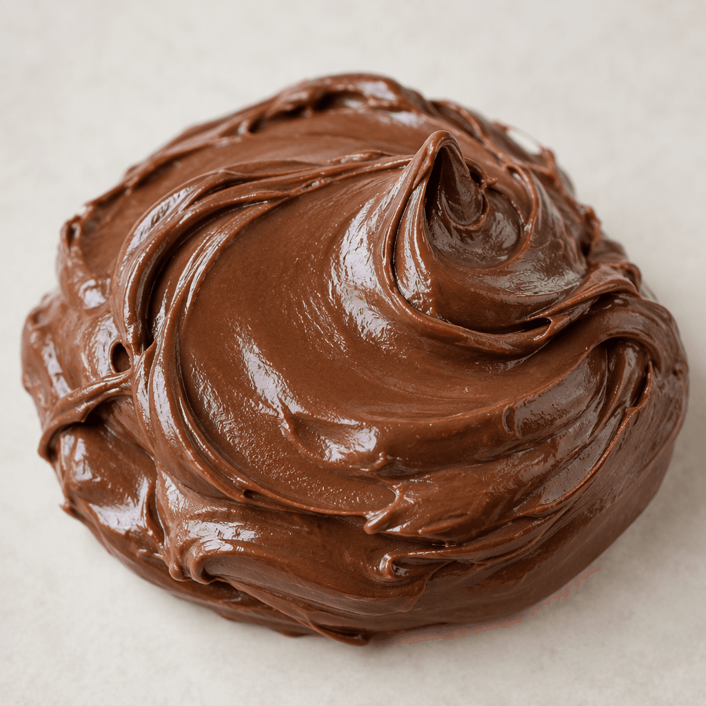 A smooth, glossy, deep-brown cocoa hazelnut spread sits in a thick mound, with soft curved swirls and a few ridges across its surface.