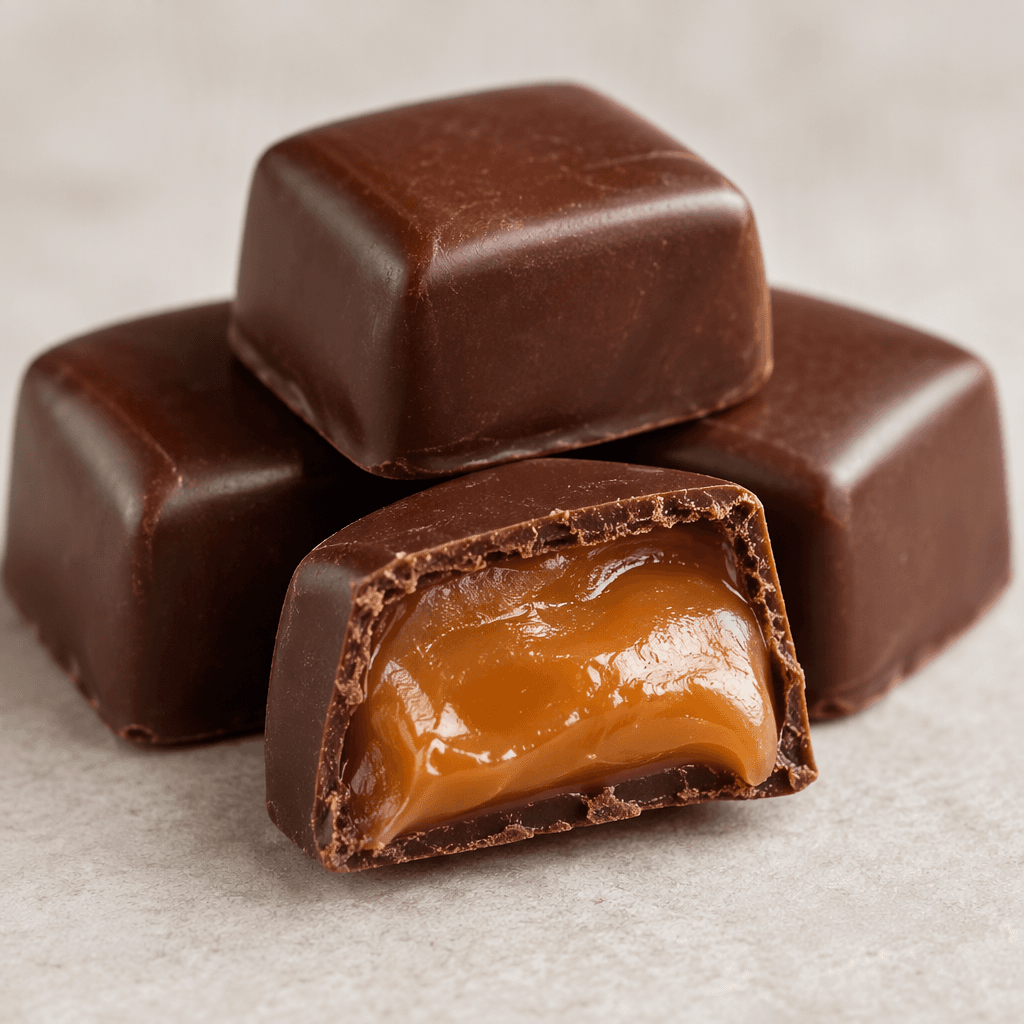 Small, smooth dark-brown chocolate pieces are arranged together, with a cut piece showing a soft, golden-brown caramel center.