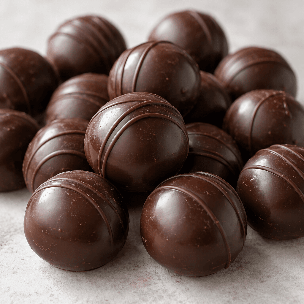 Small, smooth, round, dark-brown bonbons are scattered together, their surfaces slightly glossy.