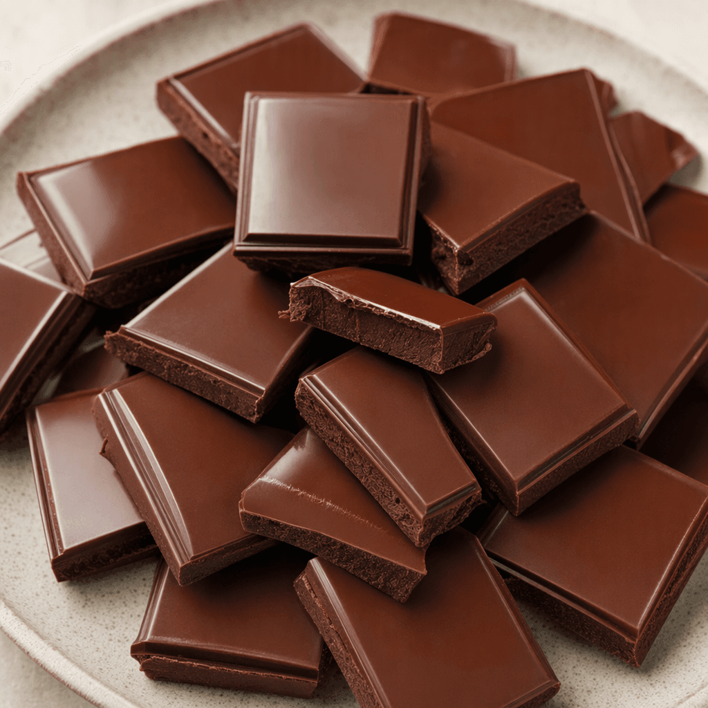 Glossy brown chocolate pieces are arranged on a plate, with smooth surfaces and a few broken edges showing a dense interior.