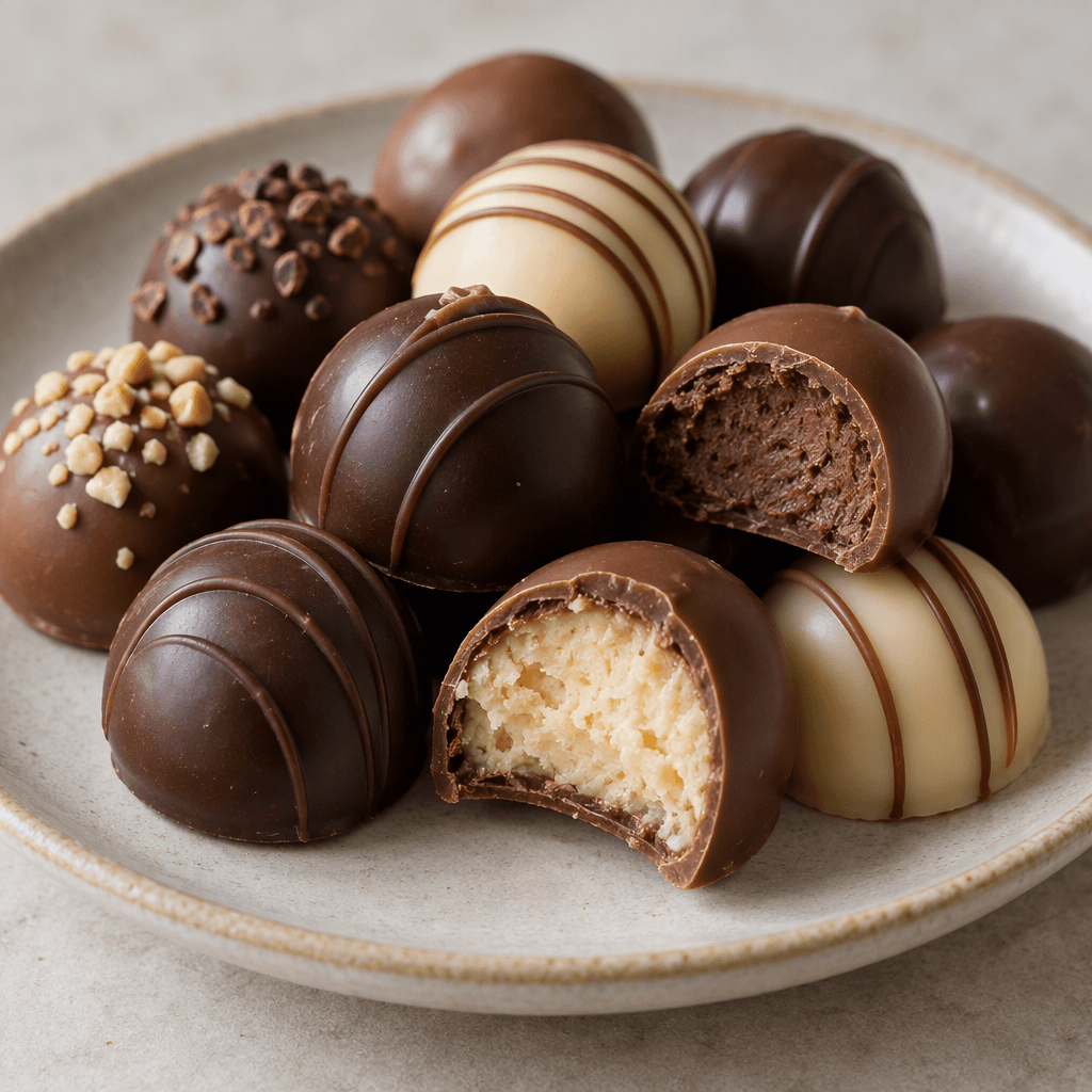 Small, smooth, rounded chocolate pralines in shades of brown are arranged together on a serving plate, with a few showing a lighter filling inside.