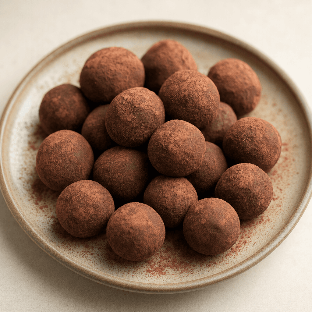 Small, round dark-brown chocolate truffles with a slightly uneven, cocoa-dusted surface are arranged on a serving plate.