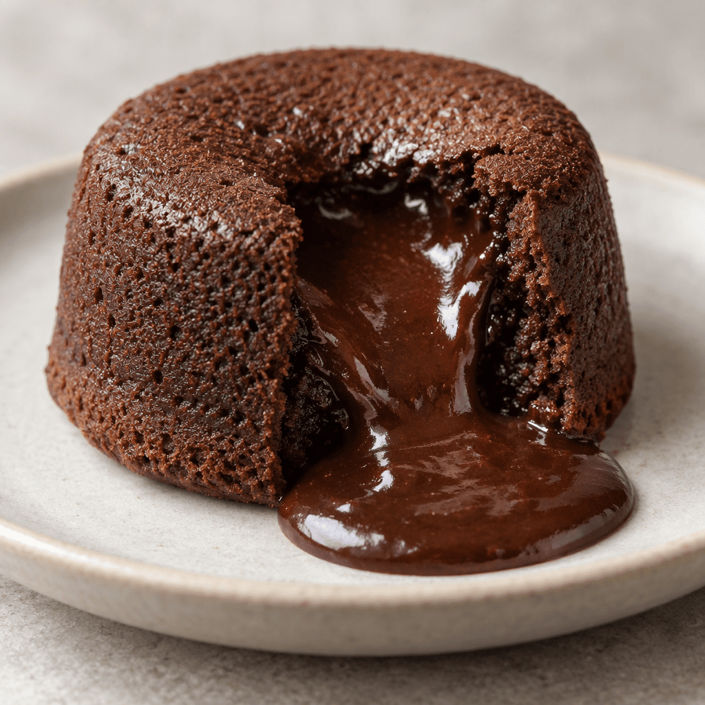 A small, round, dark-brown chocolate cake sits on a plate, its soft center spilling out as glossy chocolate beside it.
