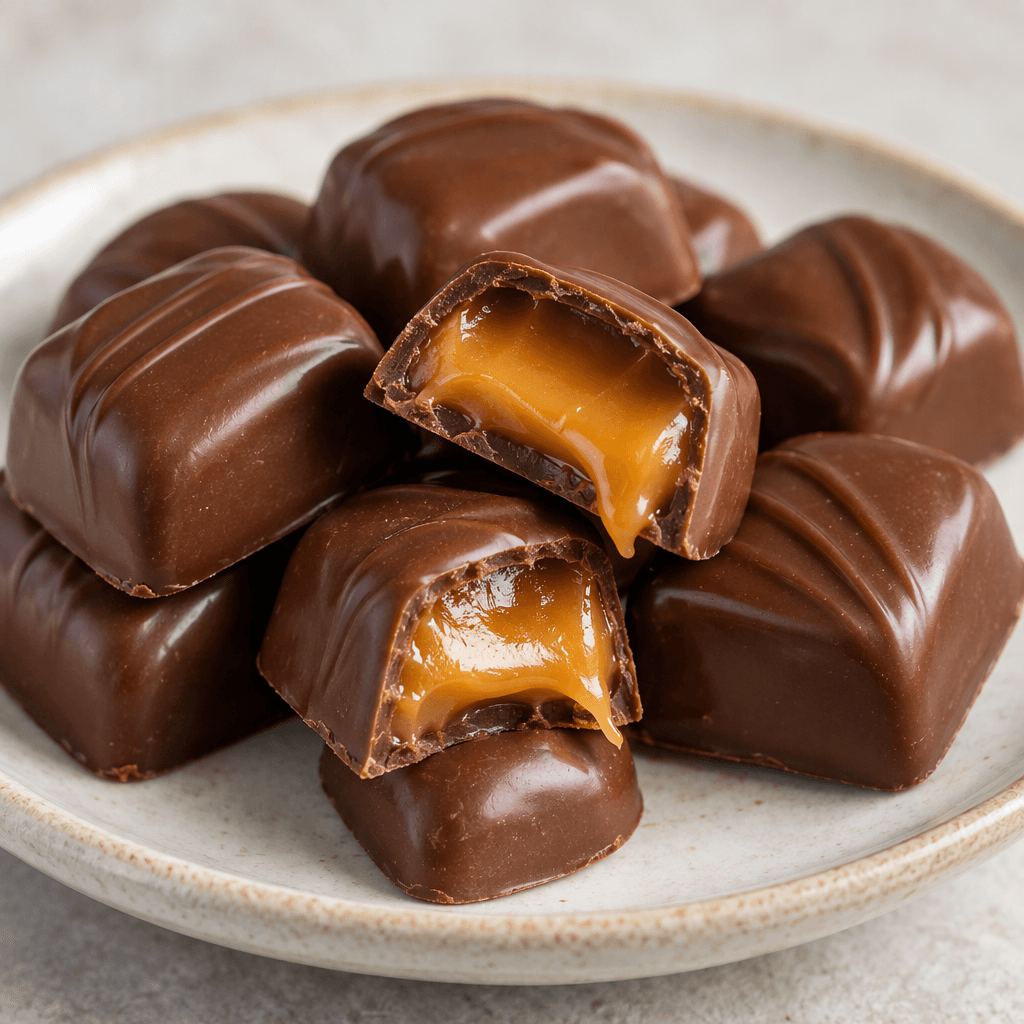 Glossy brown chocolate pieces are arranged on a plate, with golden caramel visible in their centers.
