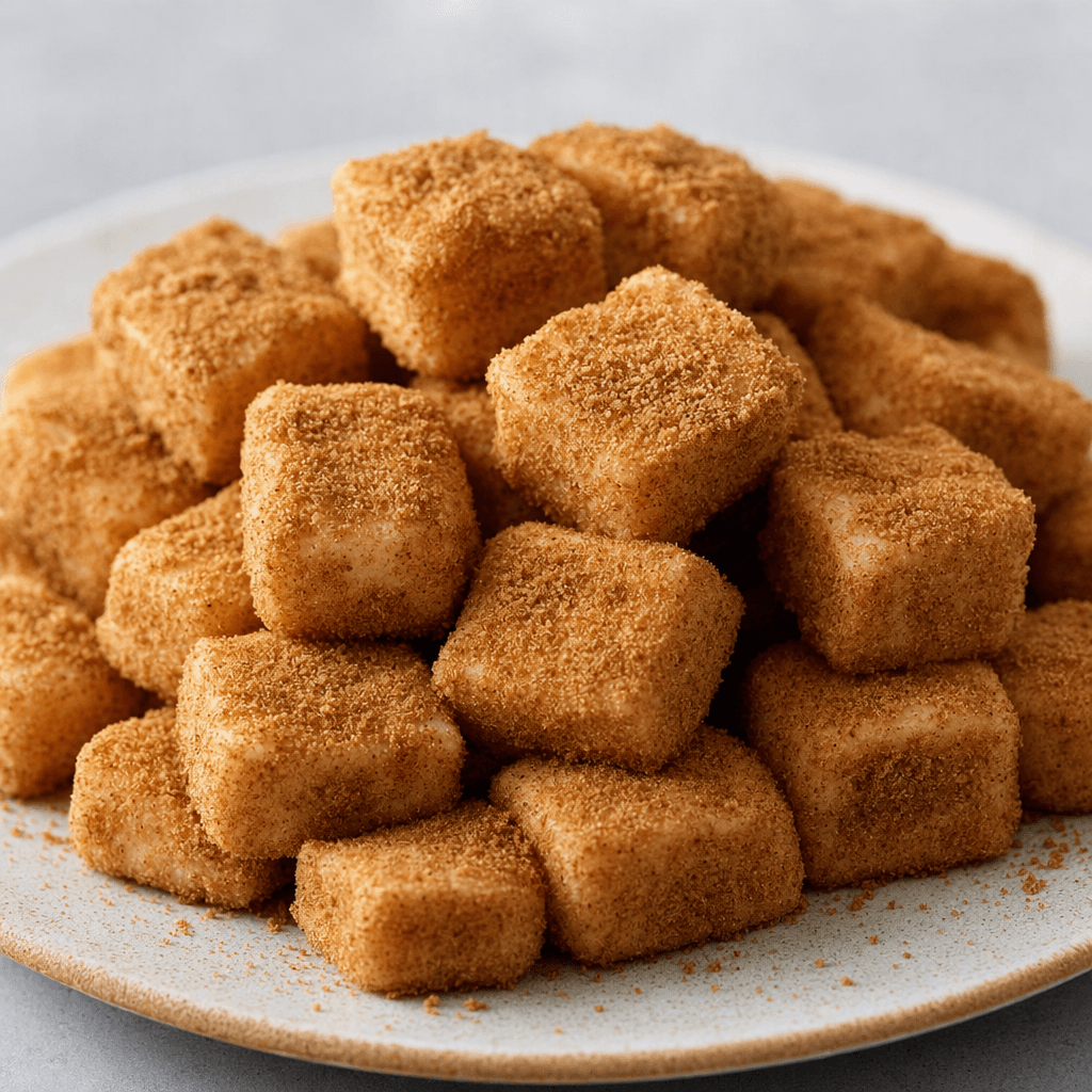 Small, soft-looking golden-beige cubes are coated in fine brown biscuit crumbs and arranged on a serving plate.