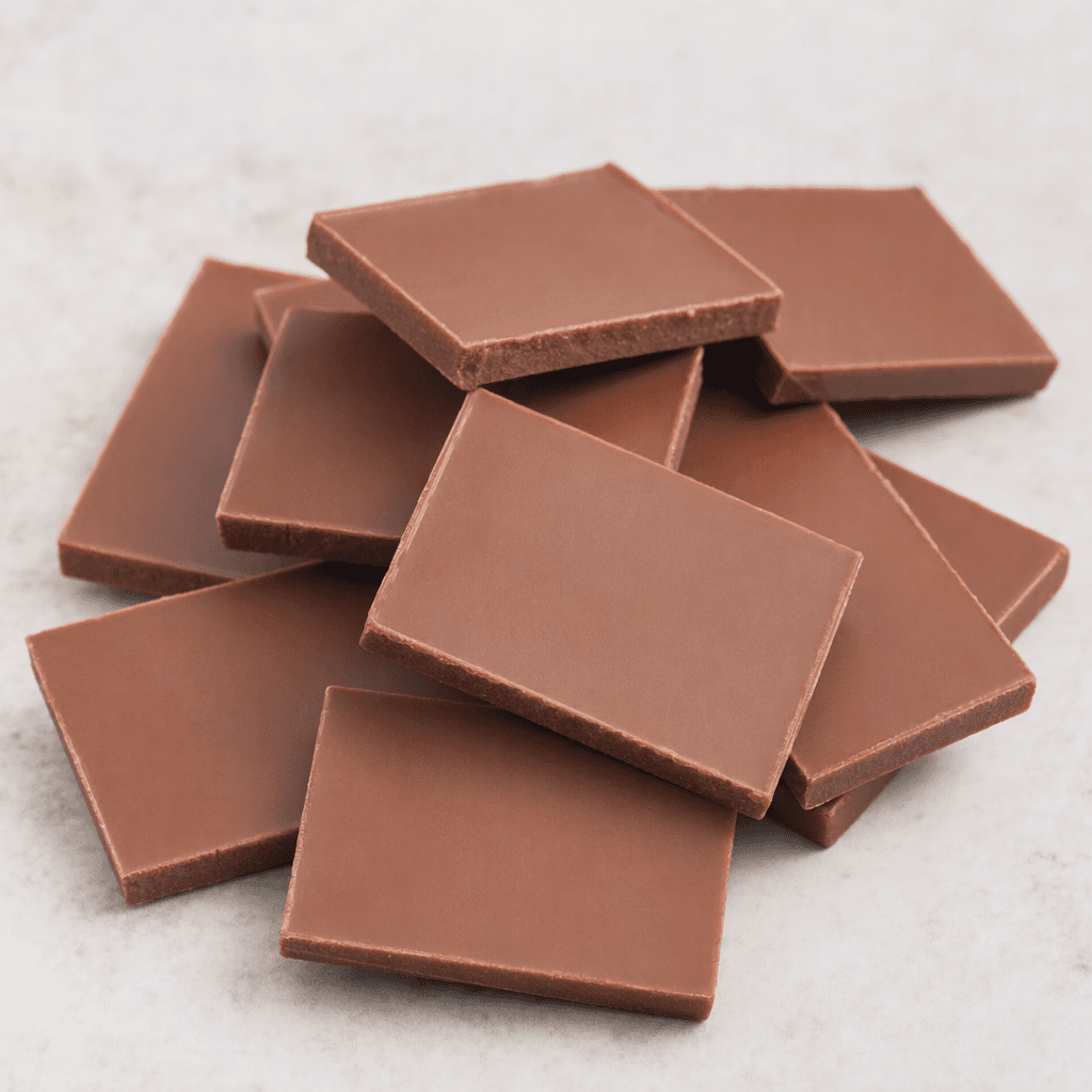 Small, flat rectangular pieces of smooth, medium-brown chocolate are arranged in a neat cluster.