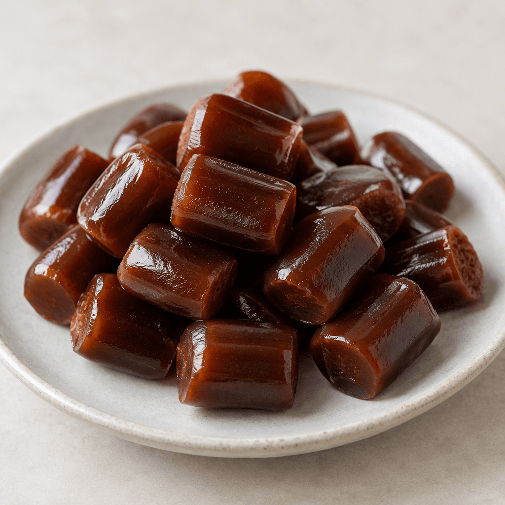 Small, dark amber-brown pieces of molasses candy with a smooth, glossy surface are arranged on a plate.