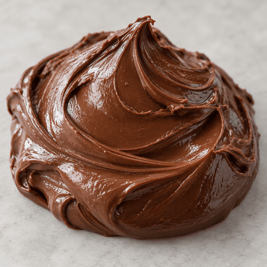 A thick, smooth, dark brown hazelnut spread sits in a glossy mound with soft swirl marks.