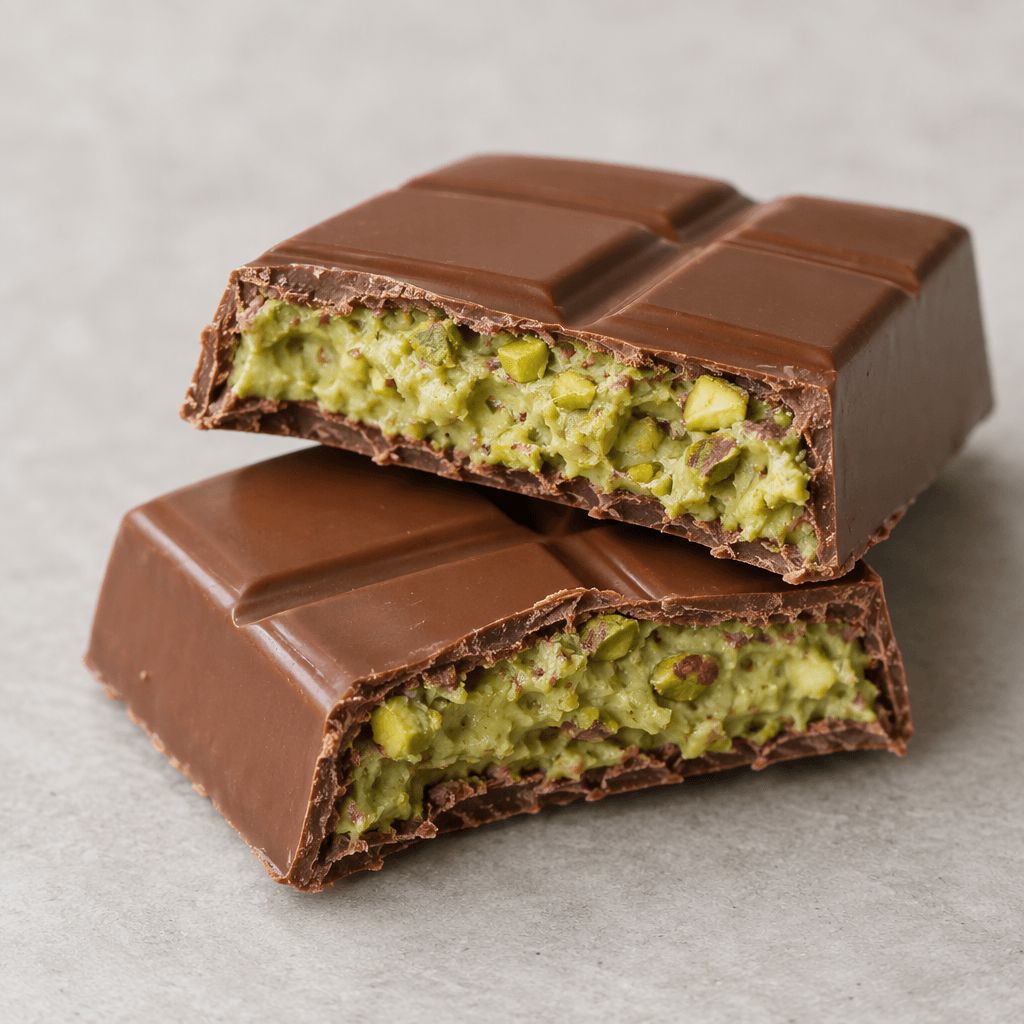 A rectangular milk-chocolate bar with a smooth brown surface, broken to reveal a pale-green pistachio filling flecked with crushed nuts.