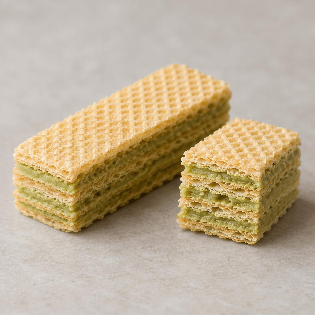 A rectangular layered wafer with thin golden-beige crisp sheets and pale pistachio-green filling, shown whole beside a cut piece that reveals its alternating layers.