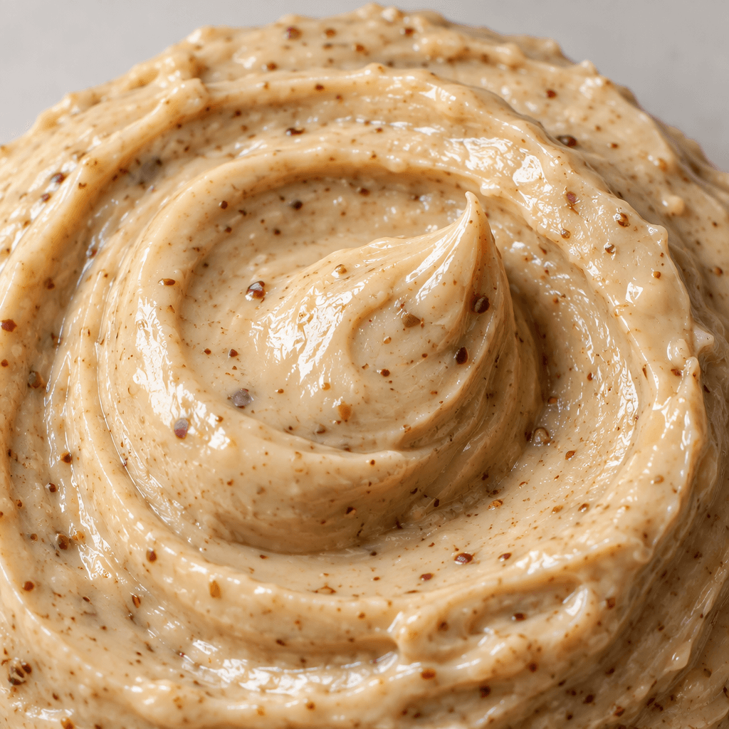 A thick, glossy ivory-colored spread forms a soft swirl, dotted with fine tan hazelnut flecks.