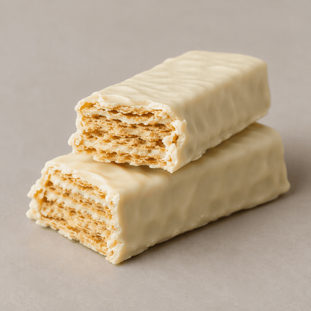 A rectangular wafer bar with a smooth ivory-white chocolate coating and crisp, thin golden wafer layers visible at the edges and in a broken cross-section.
