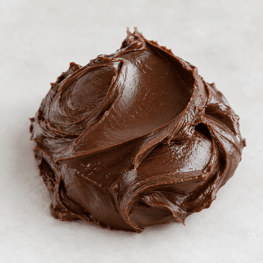 A thick, smooth, deep-brown chocolate spread with a soft sheen, shown in a small mound with curved spoon marks.
