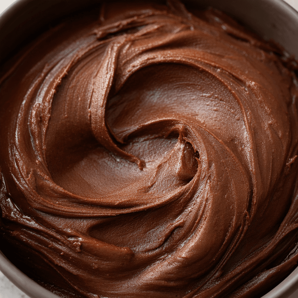 A thick, smooth, dark-brown chocolate paste sits in a glossy swirl, with soft ridges and curved spread marks.