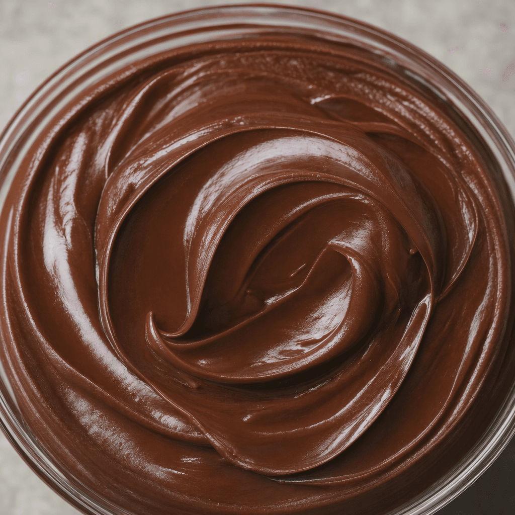 A thick, smooth, glossy deep-brown chocolate spread forms soft swirls with a few curved ridges on its surface.