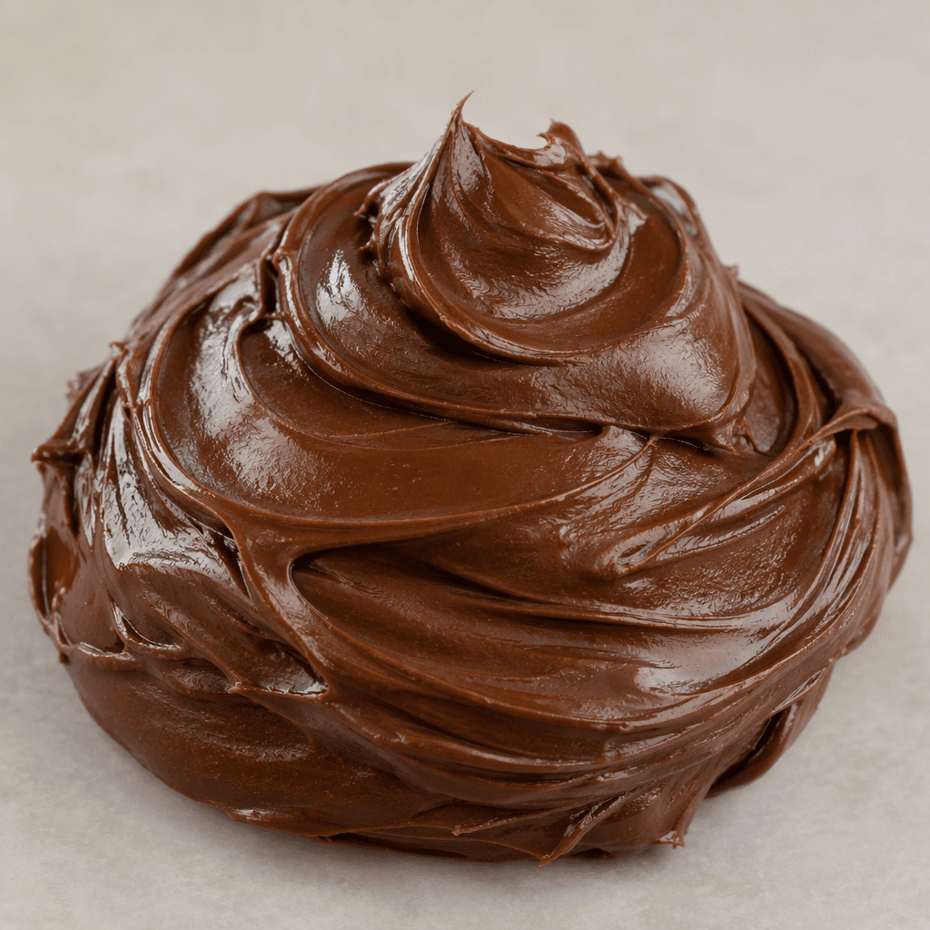 A thick, smooth, glossy dark-brown chocolate spread, softly swirled into a mound with curved ridges.