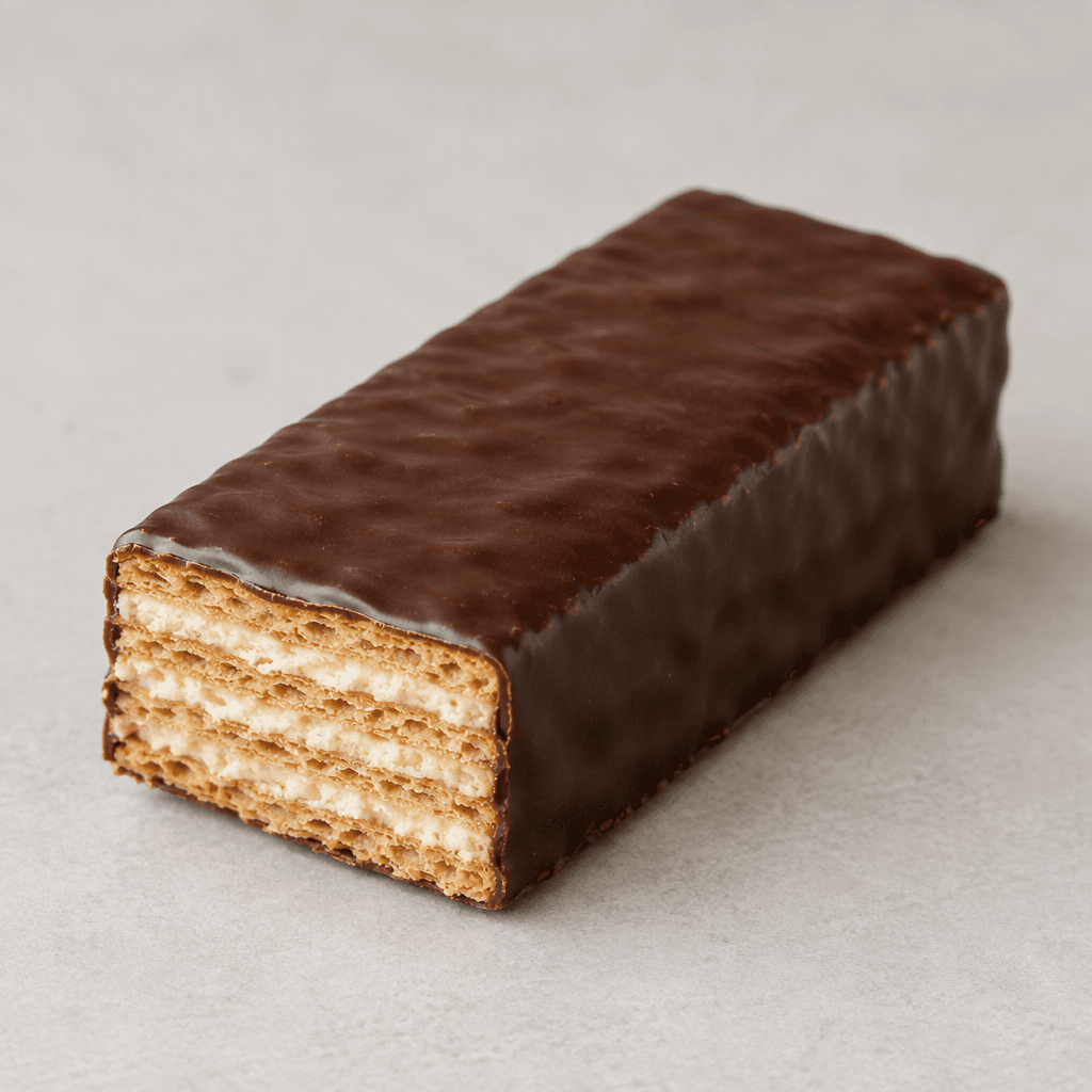A rectangular wafer bar with crisp, thin golden layers and pale cream filling visible along the sides, covered in a smooth, dark brown chocolate coating.