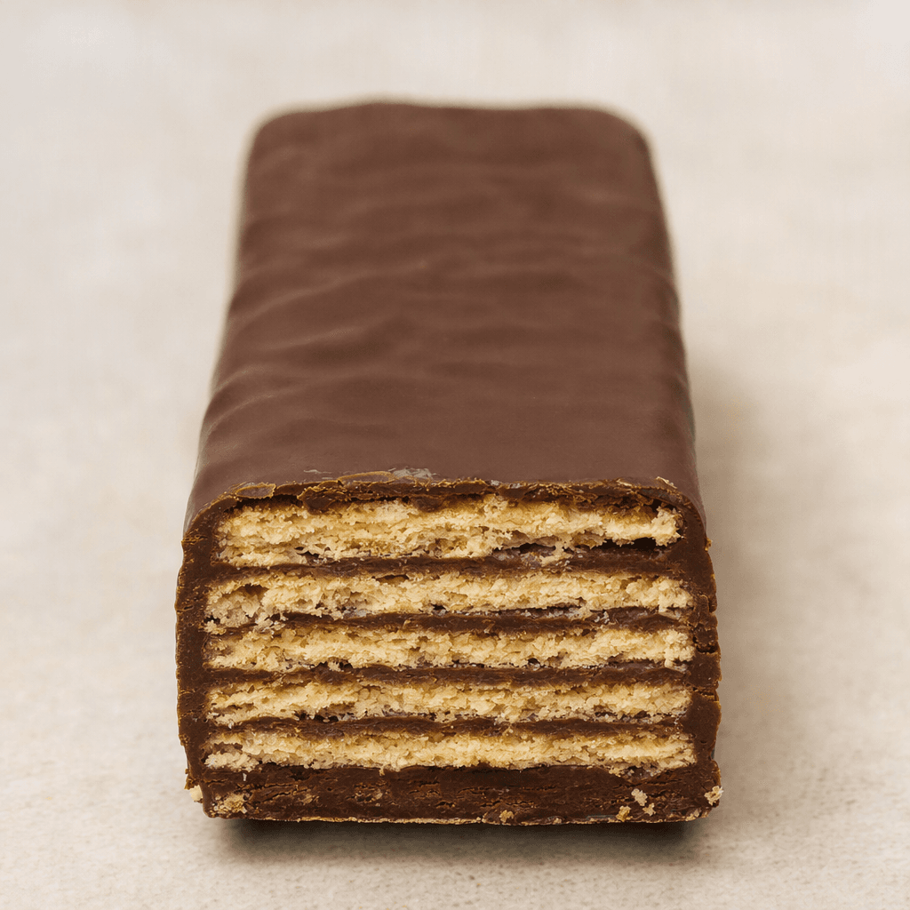 A rectangular wafer bar coated in dark brown chocolate, with crisp, thin layered edges visible where the coating is broken or cut.
