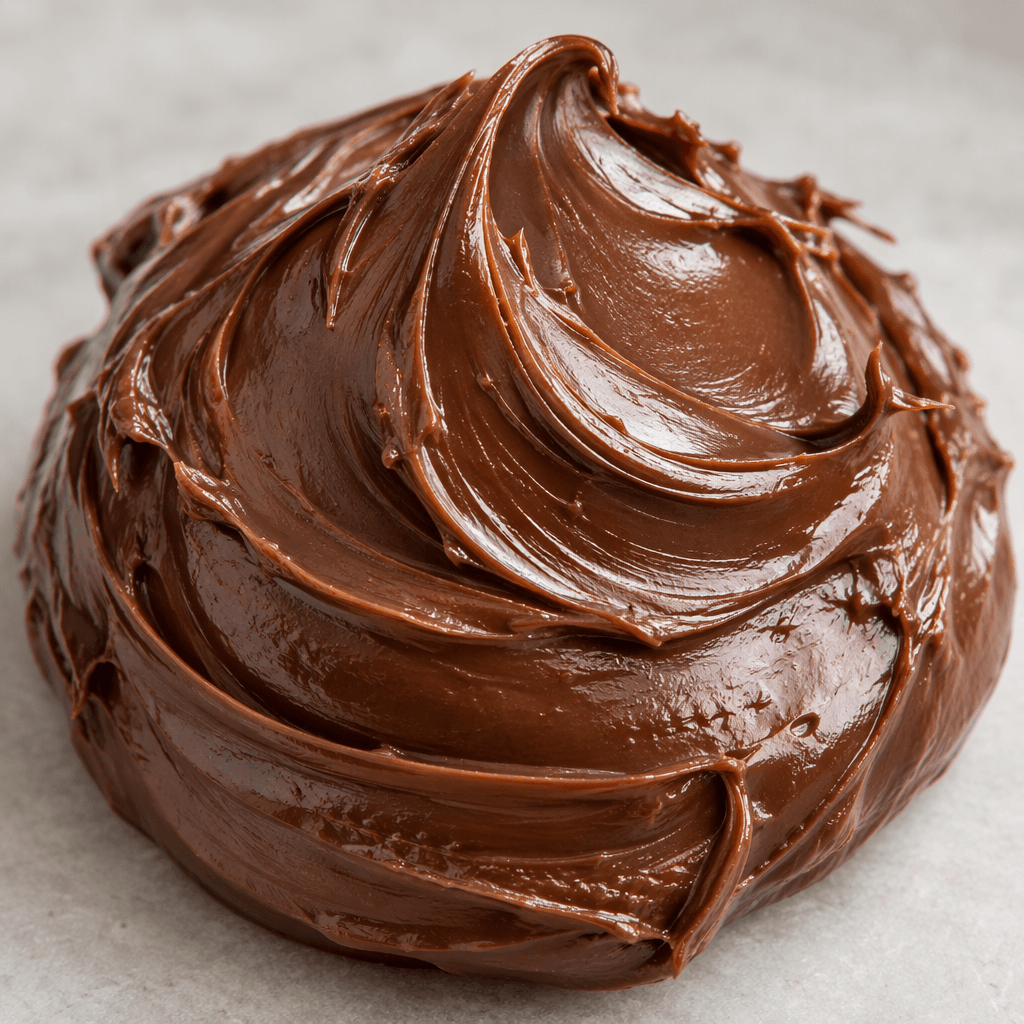 A thick, smooth, deep-brown chocolate spread sits in a glossy mound with soft swirls and a few streaks along its surface.