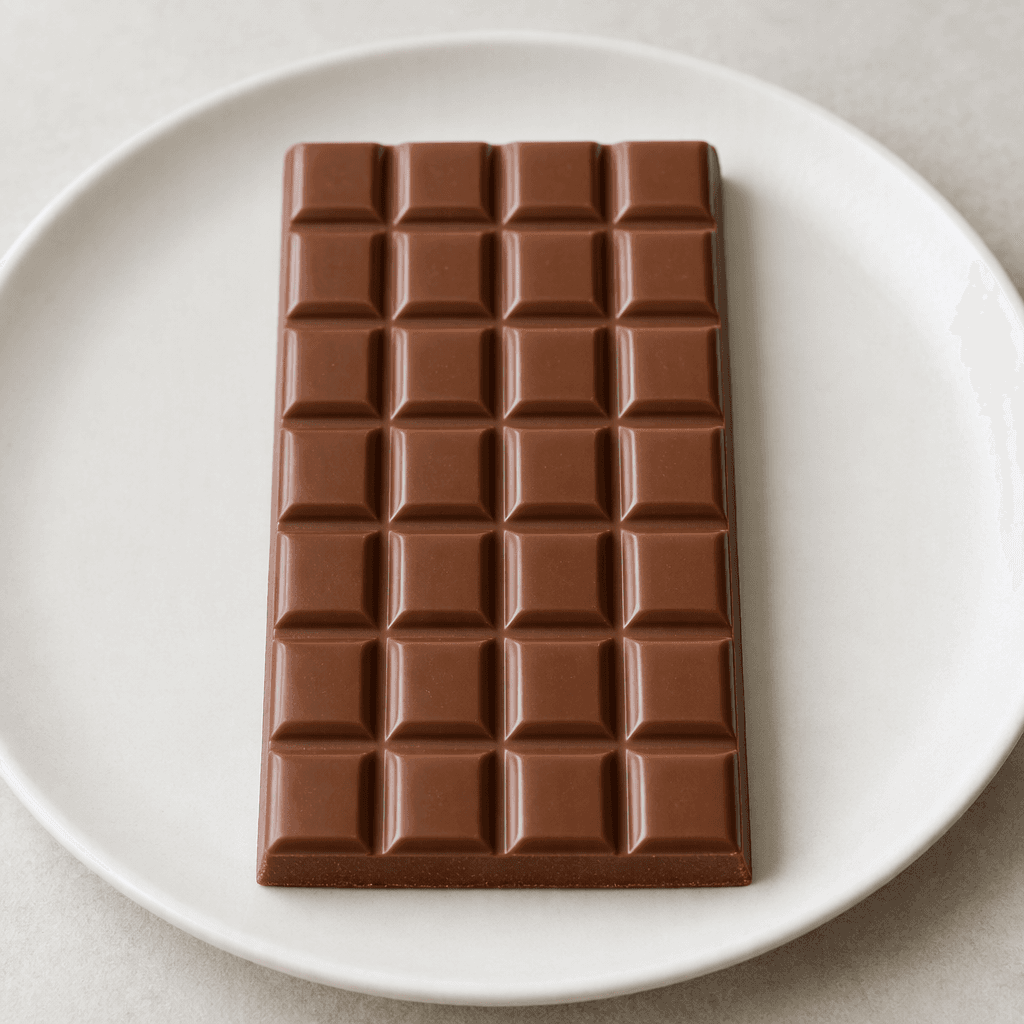 A rectangular milk-chocolate bar with a smooth brown surface divided into small raised squares, shown unwrapped on a plain plate.
