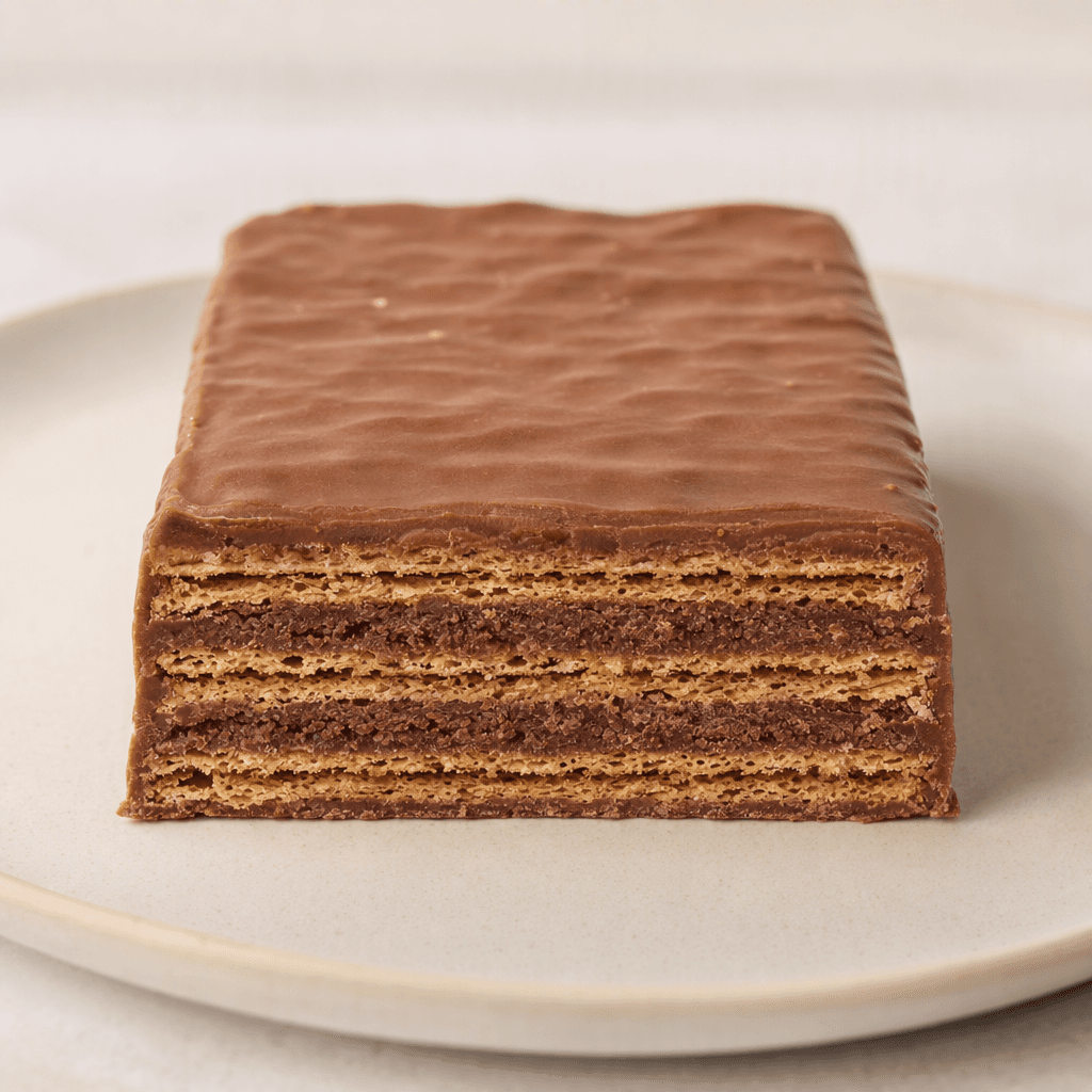 A rectangular chocolate-coated wafer with crisp, thin layers and dark chocolate filling visible at its cut edge, resting on a plain plate.