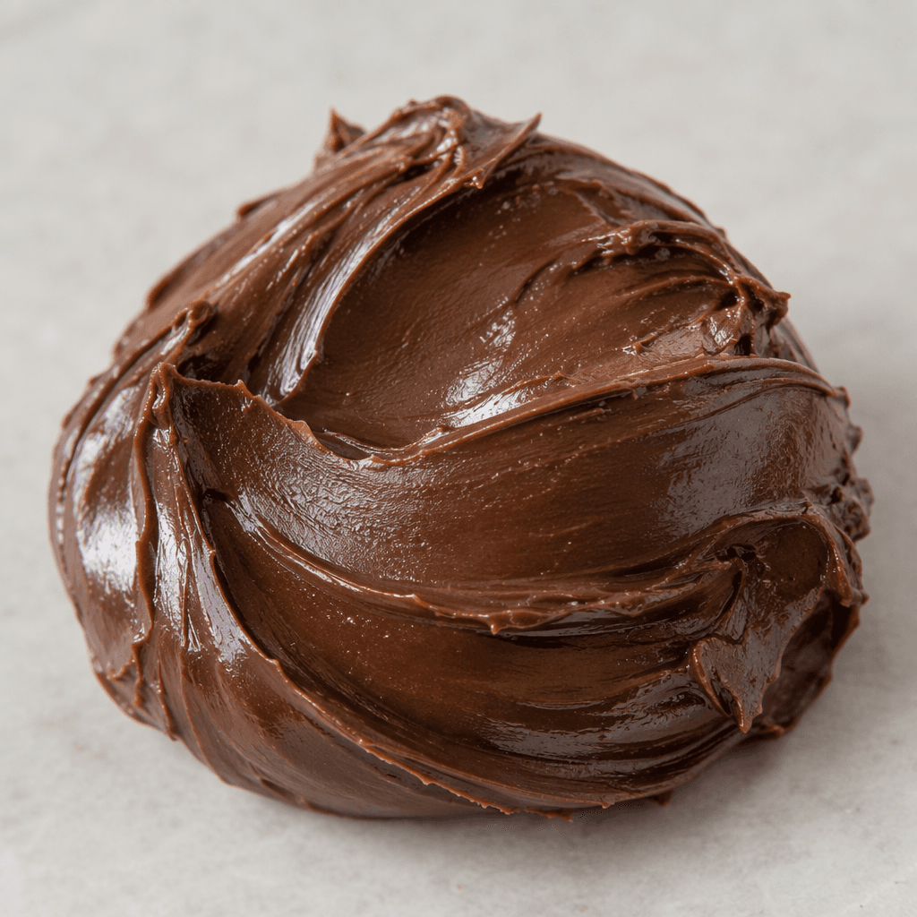 A thick, smooth, glossy dark-brown chocolate spread forms a soft mound with a few curved spatula marks.