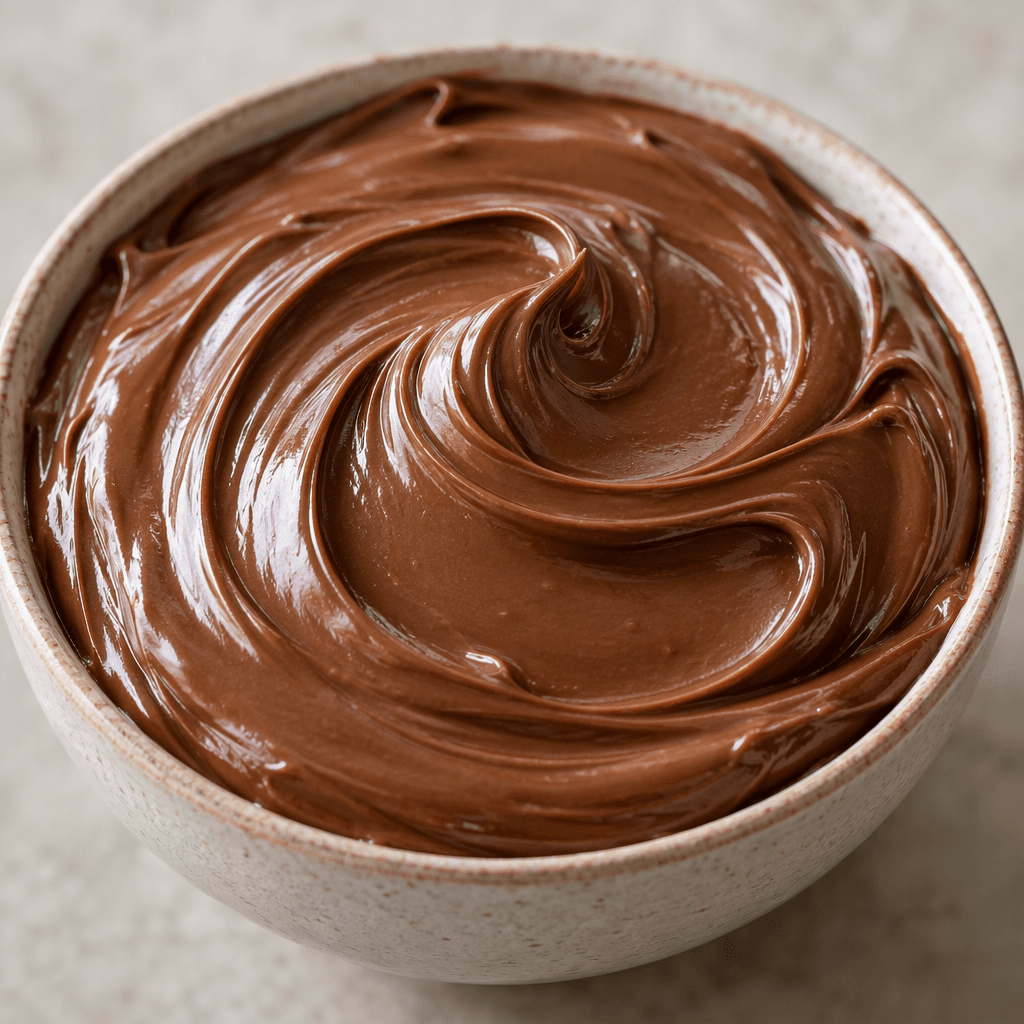A thick, smooth, glossy chocolate-brown hazelnut spread with an even texture and no visible pieces.