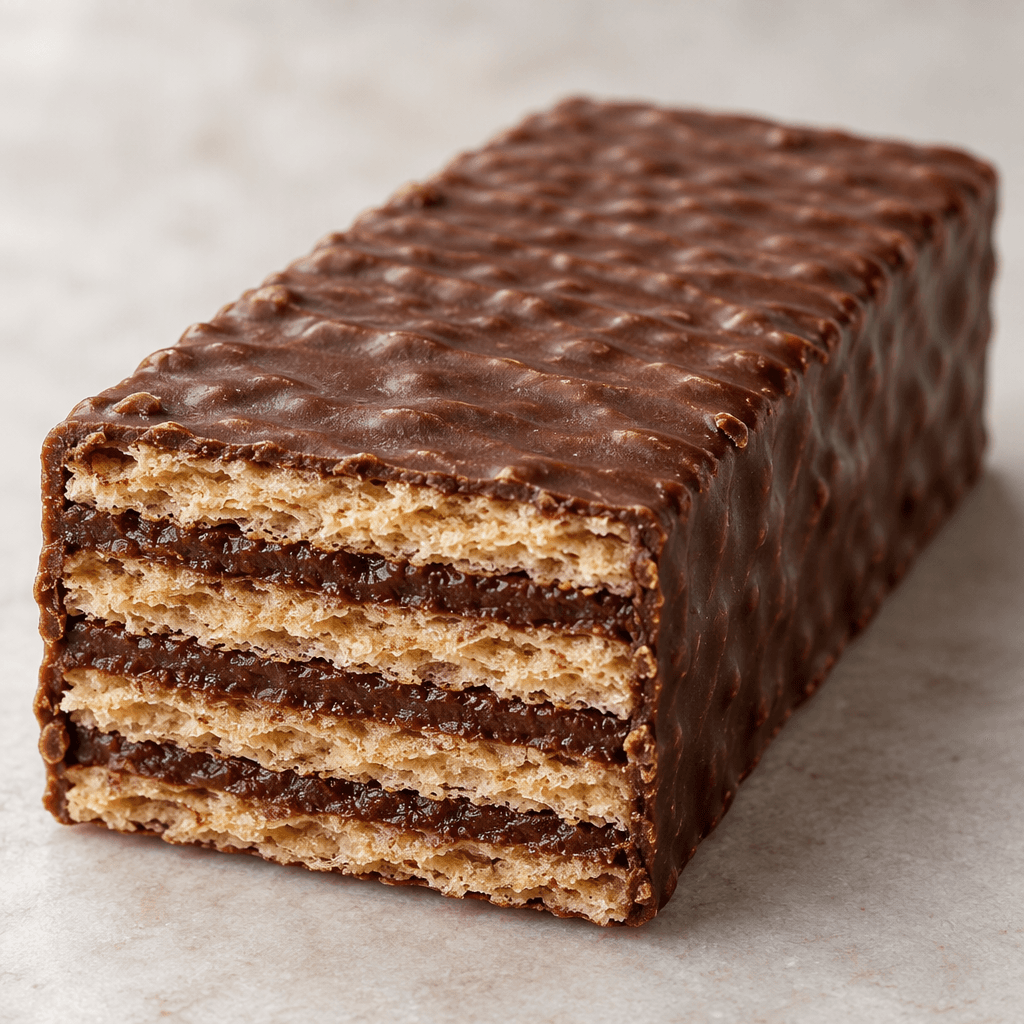 A rectangular chocolate wafer with crisp, pale golden layers and dark chocolate filling, its surface lightly coated in chocolate.