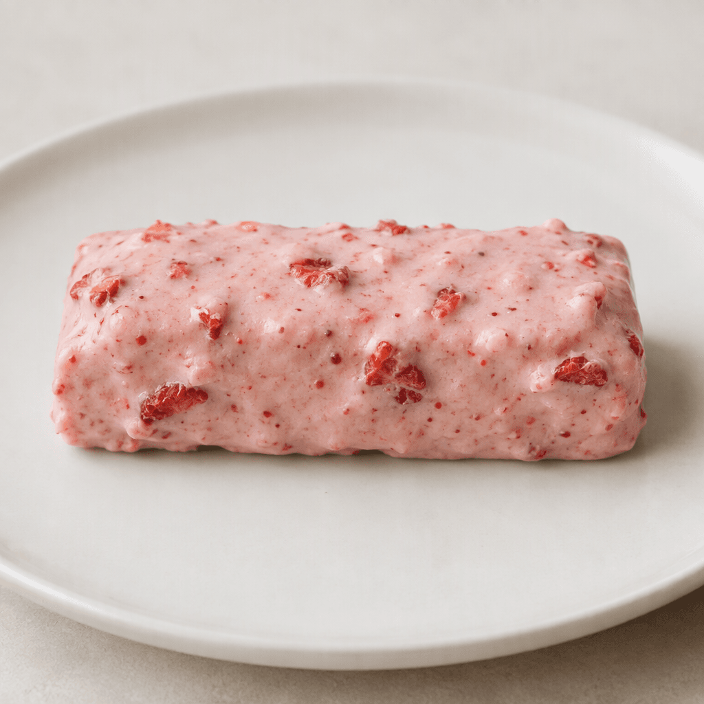 A short, rectangular bar with a smooth pale-pink yogurt coating and small red strawberry pieces visible on its surface, served on a plain plate.