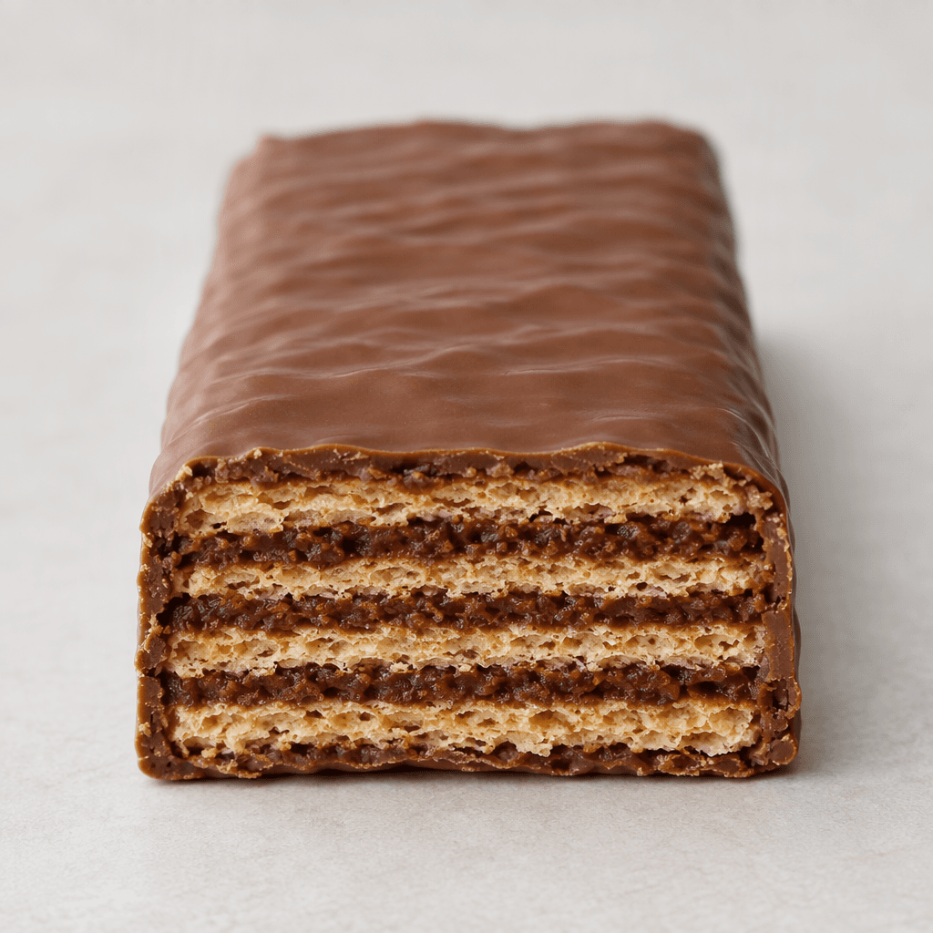 A rectangular wafer bar with crisp, thin golden layers and visible dark hazelnut-cocoa filling between them, with a smooth brown coating and a clean cut end showing the layers.