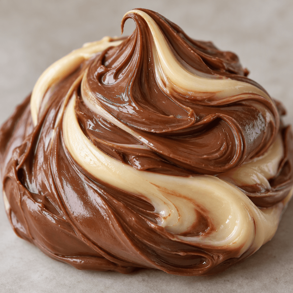 A smooth, glossy hazelnut spread with dark cocoa-brown and pale cream-colored swirls, shown in a thick, soft mound.