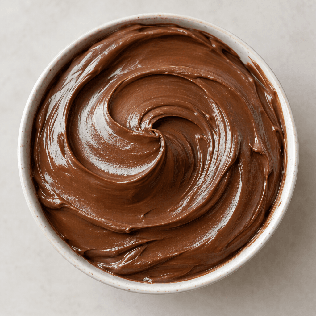 A thick, smooth, glossy brown hazelnut chocolate spread with a soft swirl across its surface.