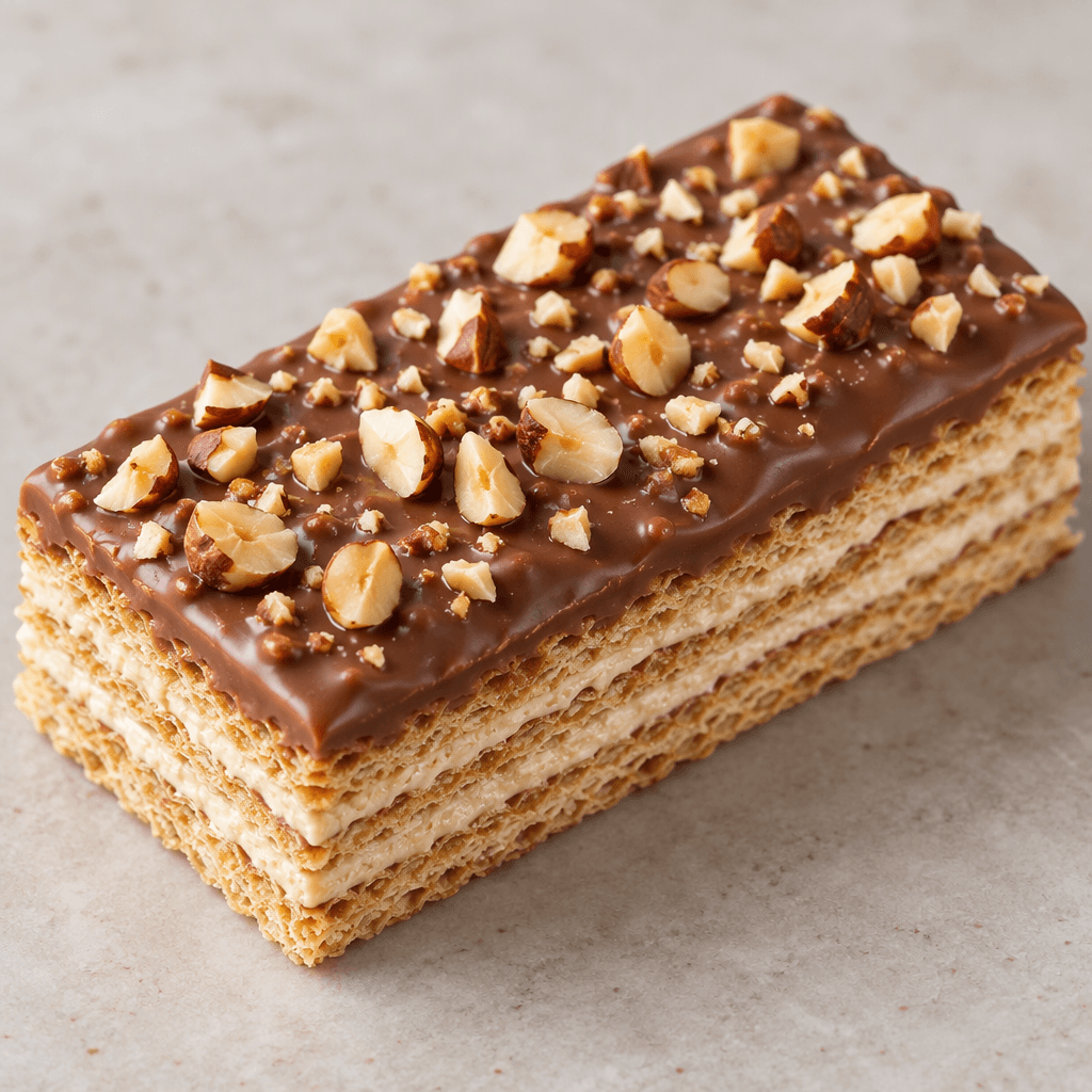 A rectangular hazelnut wafer bar with crisp, thin golden layers and pale cream filling visible along its edges, topped with a smooth milk-chocolate coating and scattered finely chopped hazelnuts.