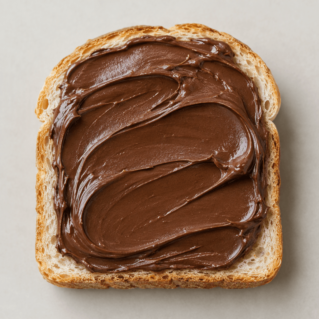 A slice of bread is covered with a thick, smooth layer of dark brown hazelnut spread, with soft bread visible around the edges.