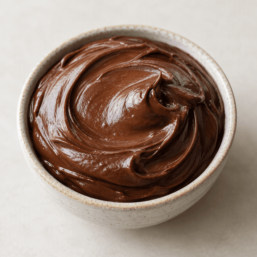 A thick, smooth, dark chocolate-brown spread sits in a small bowl, its glossy surface forming soft swirls.