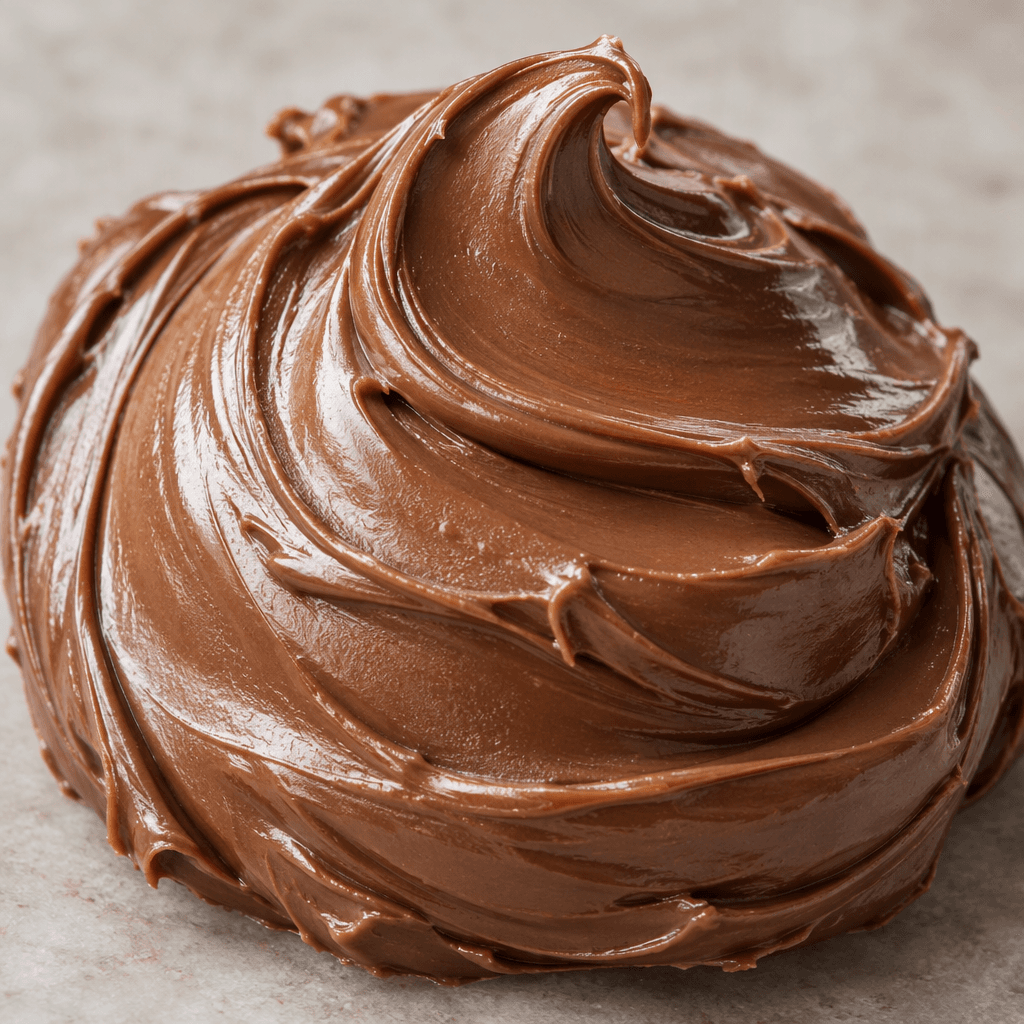 A thick, smooth, glossy brown cocoa-hazelnut spread sits in a soft mound with gently curved ridges.