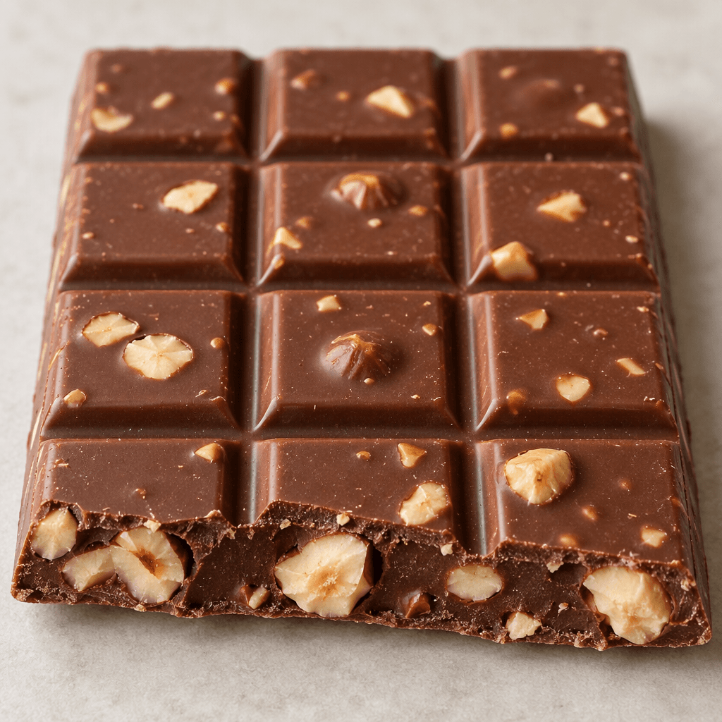 A rectangular brown chocolate bar divided into neat segments, with pale hazelnut pieces visible in its surface and at a broken edge.