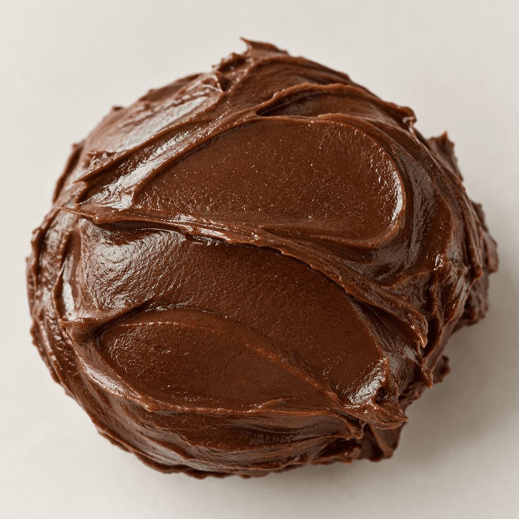 A thick, glossy, smooth dark cocoa-brown spread with a soft, creamy consistency, shown as a rounded scoop with shallow ridges.
